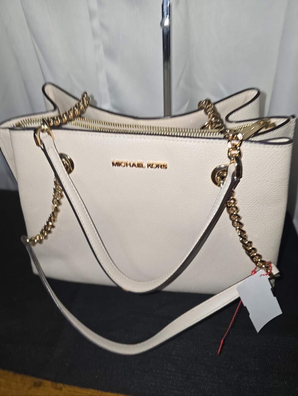 Michael Kors Cream Pebbled Leather Tote with Gold Chain Straps Shoulder Bag